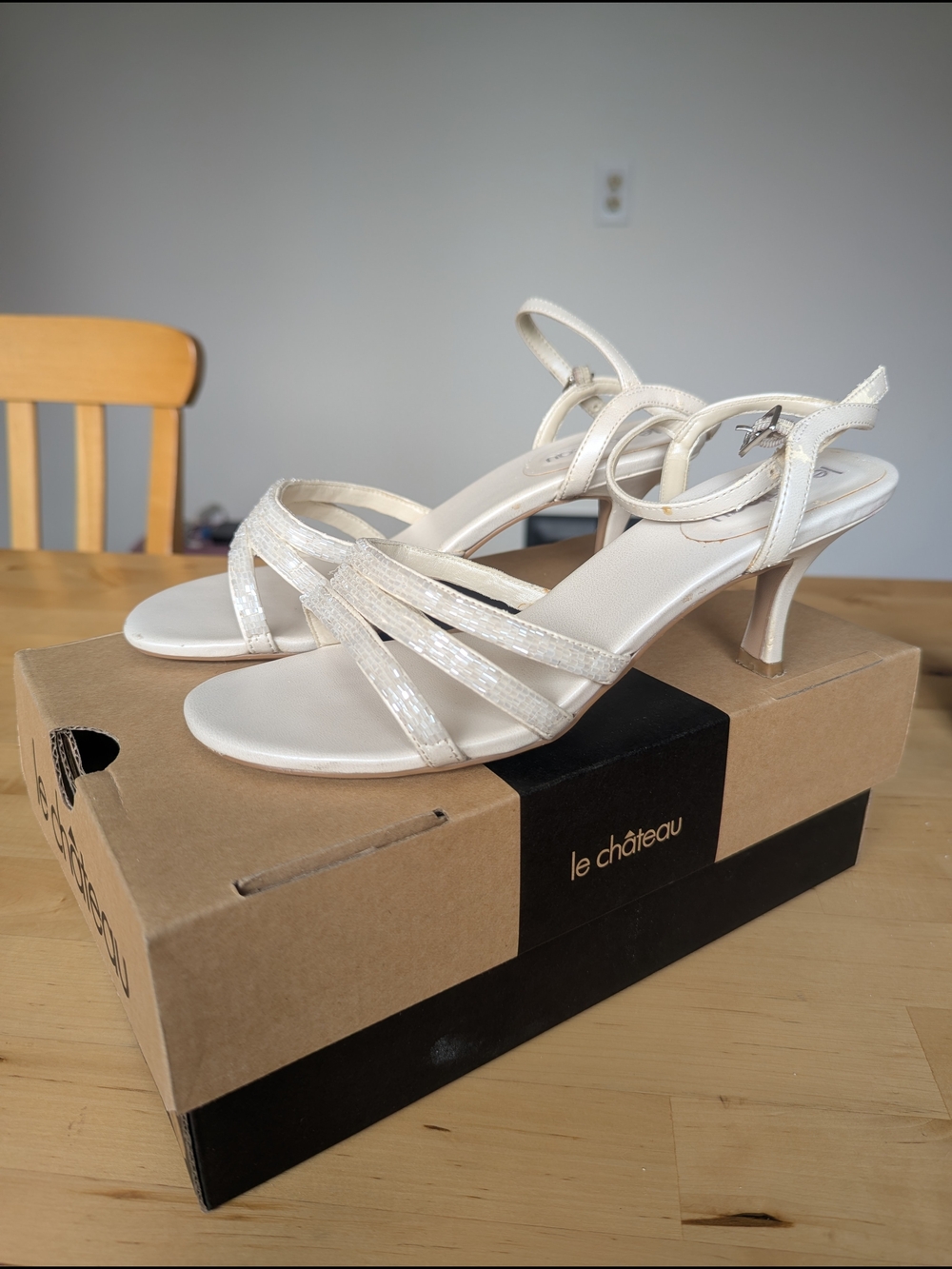 Le Château Women's Ivory Strappy Beaded Mid-Heel Sandals - Y2K